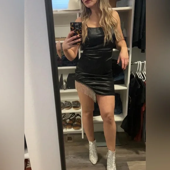 Lulus Strobe Lights Black Satin Rhinestone Fringe Mini Dress NWT - Picture 7 of 14